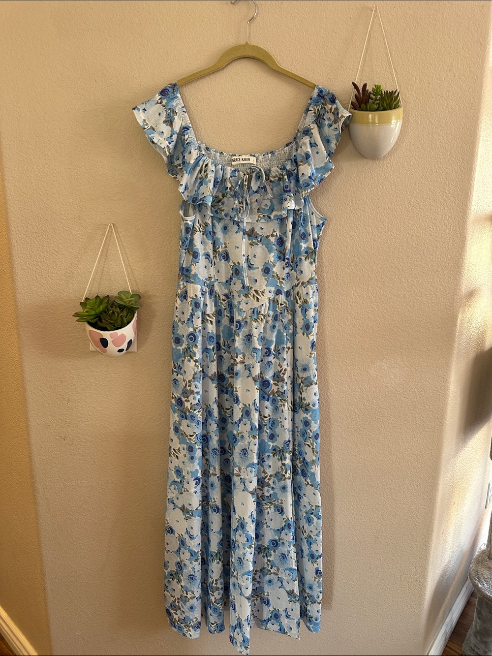 Grace Karin Blue Floral Ruffle Off the Shoulder Midi Maxi Dress Large